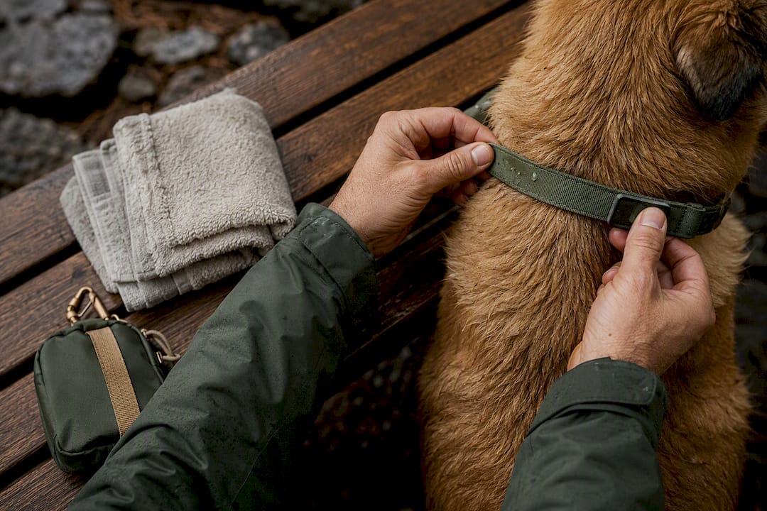 Hands swapping damp dog collar outdoors