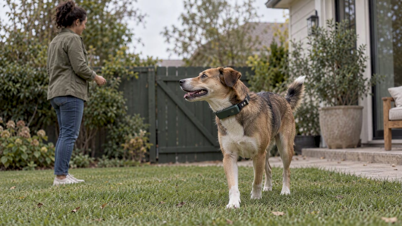 Dog wearing NAXWAVE collar during boundary training