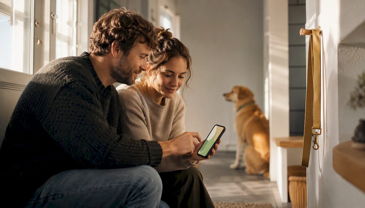 Owner and sitter reviewing dog tracker access