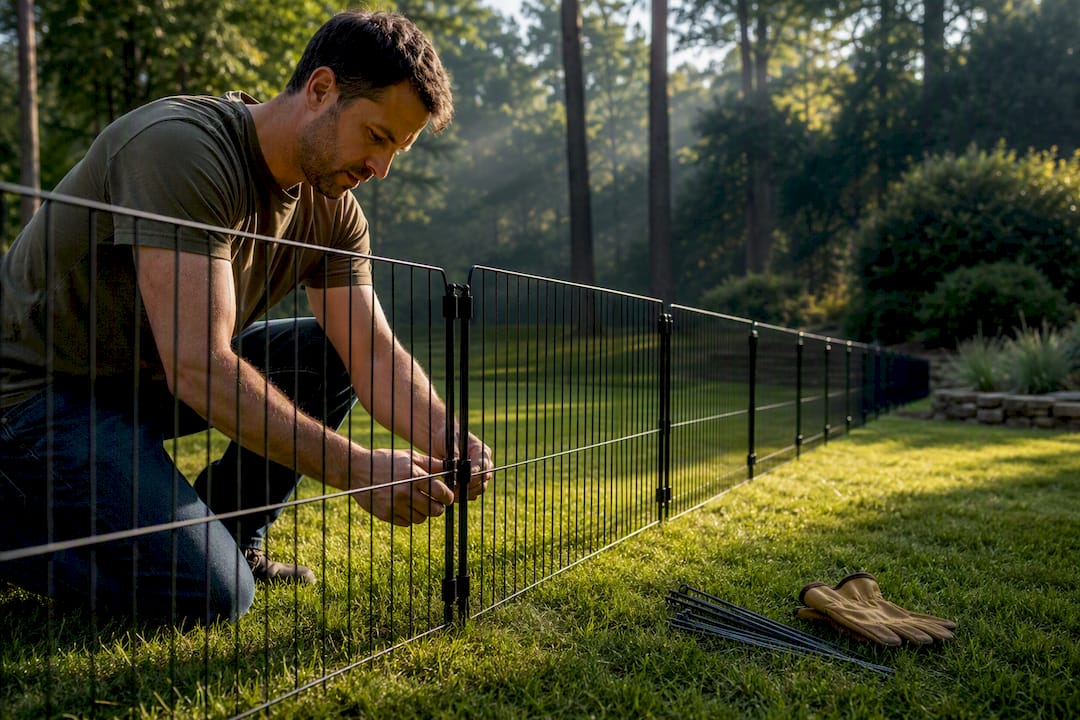 Homeowner assembling temporary dog boundary panels