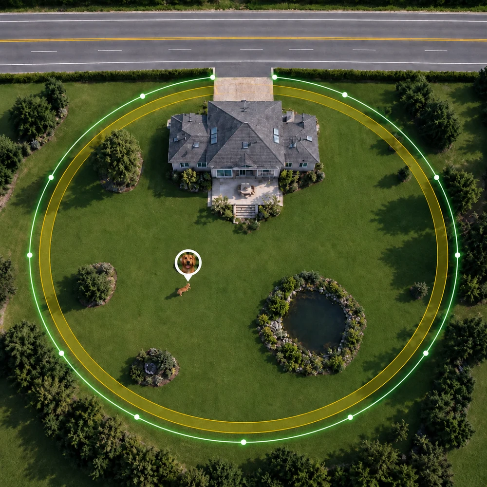 Aerial yard illustration with a circular GPS pet fence around a house and lawn